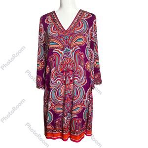Laundry By Shelli Segal Dress Womens Purple SZ L Paisley Shift V-Neck Lined
